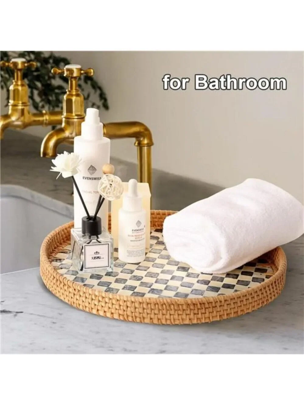 Round Rattan Tray Black Mother of Pearl Inlay Coffee Table Kitchen Decor